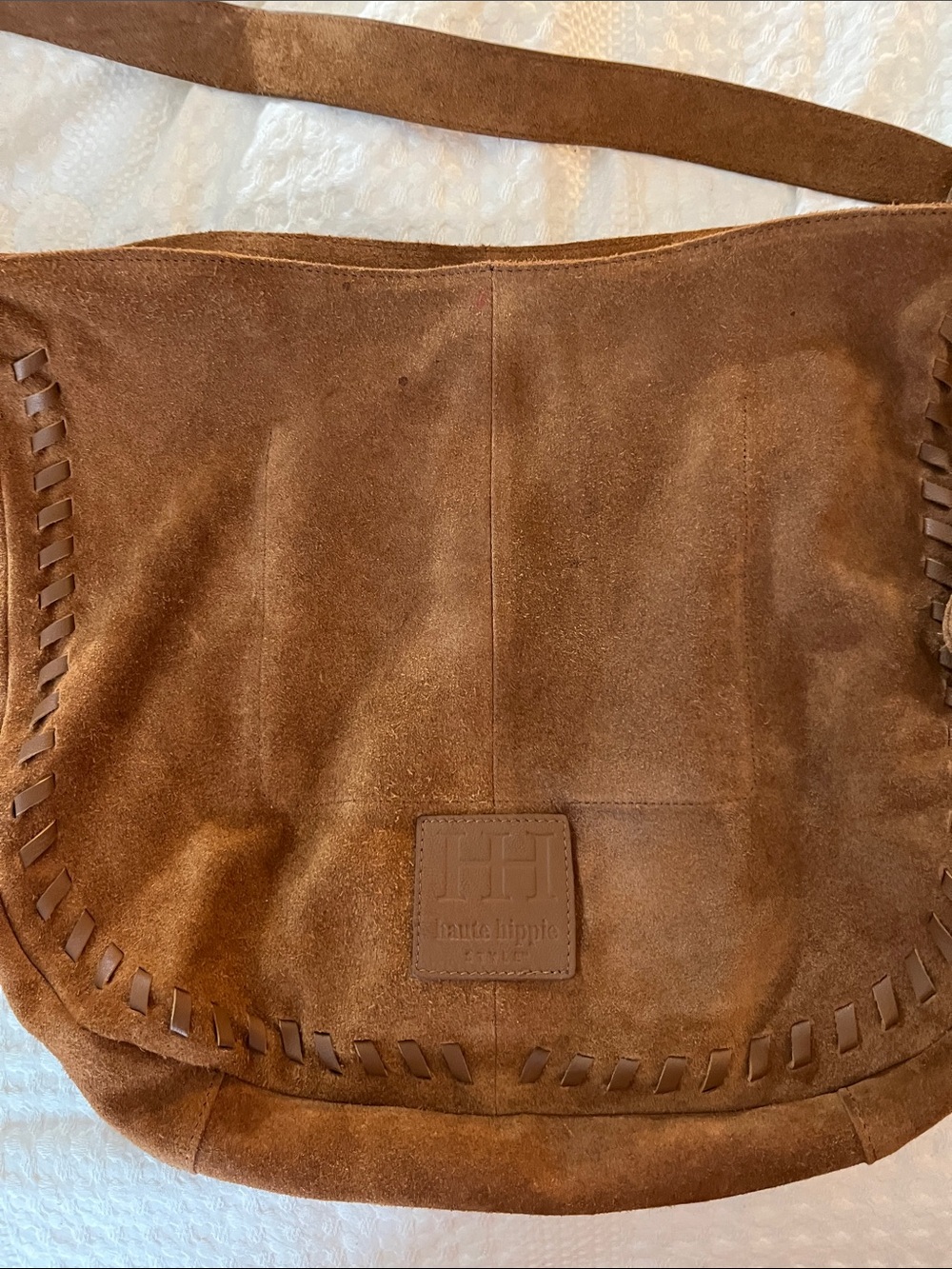 Haute Hippie Tan Suede Shoulder Bag with Logo Patch and Pouch